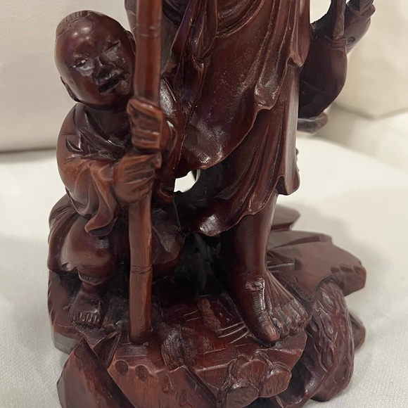 19th Cent Vintage Japanese Carved Wood Fisherman with Boy, Fish and Fishing Net - Picture 6 of 12